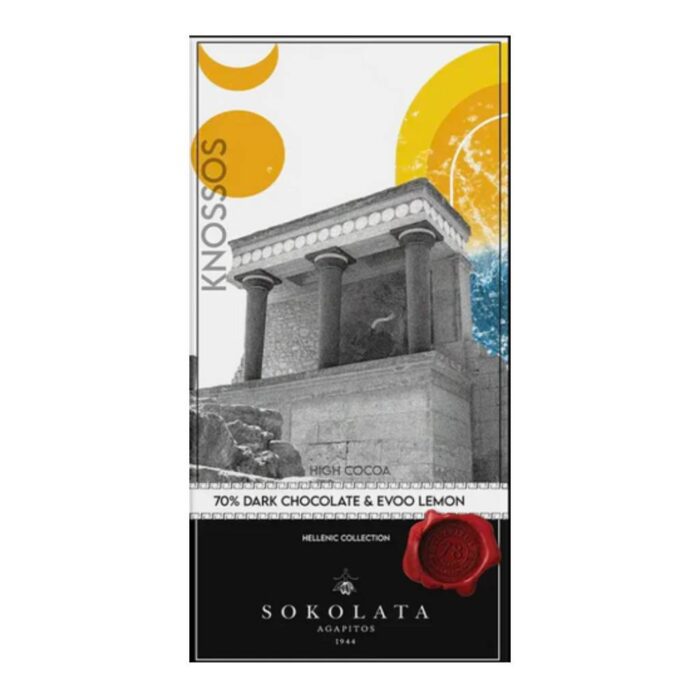 Agapitos Crete Knossos 70% Dark Chocolate EVOO Lemon Rasins 100gr - Image 1