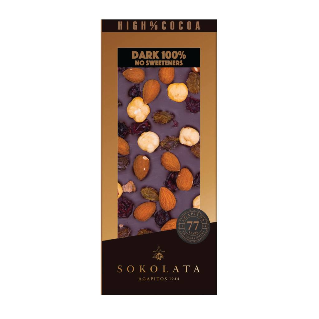 Agapitos-100-Dark-Chocolate-Nut-Fruit-Raisins-Cranberries-100gr Agapitos 100% Dark Chocolate Nut-Fruit-Raisins & Cranberries 100gr - Image 1
